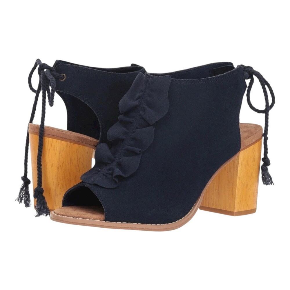 Toms Elba Peep Toe Stacked Wood Block 3” heel bootie sandal 6.5 navy blue ruffle